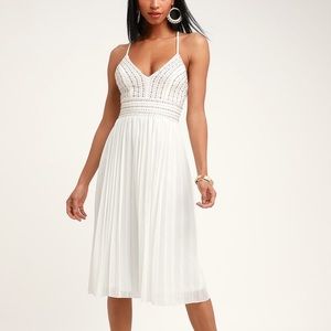 Lulus White Embroidered Pleated Midi Dress